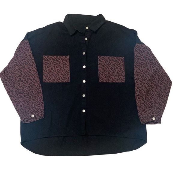 Black Denim and Leopard Animal Print Button Down Oversized Shacket Size 2XL New - Picture 1 of 11
